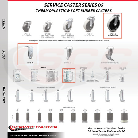 Service Caster 5 Inch Thermoplastic Wheel Top Plate Caster Set with 2 Brakes 2 Rigid SCC SCC-05S510-TPRS-SLB-2-R-2
